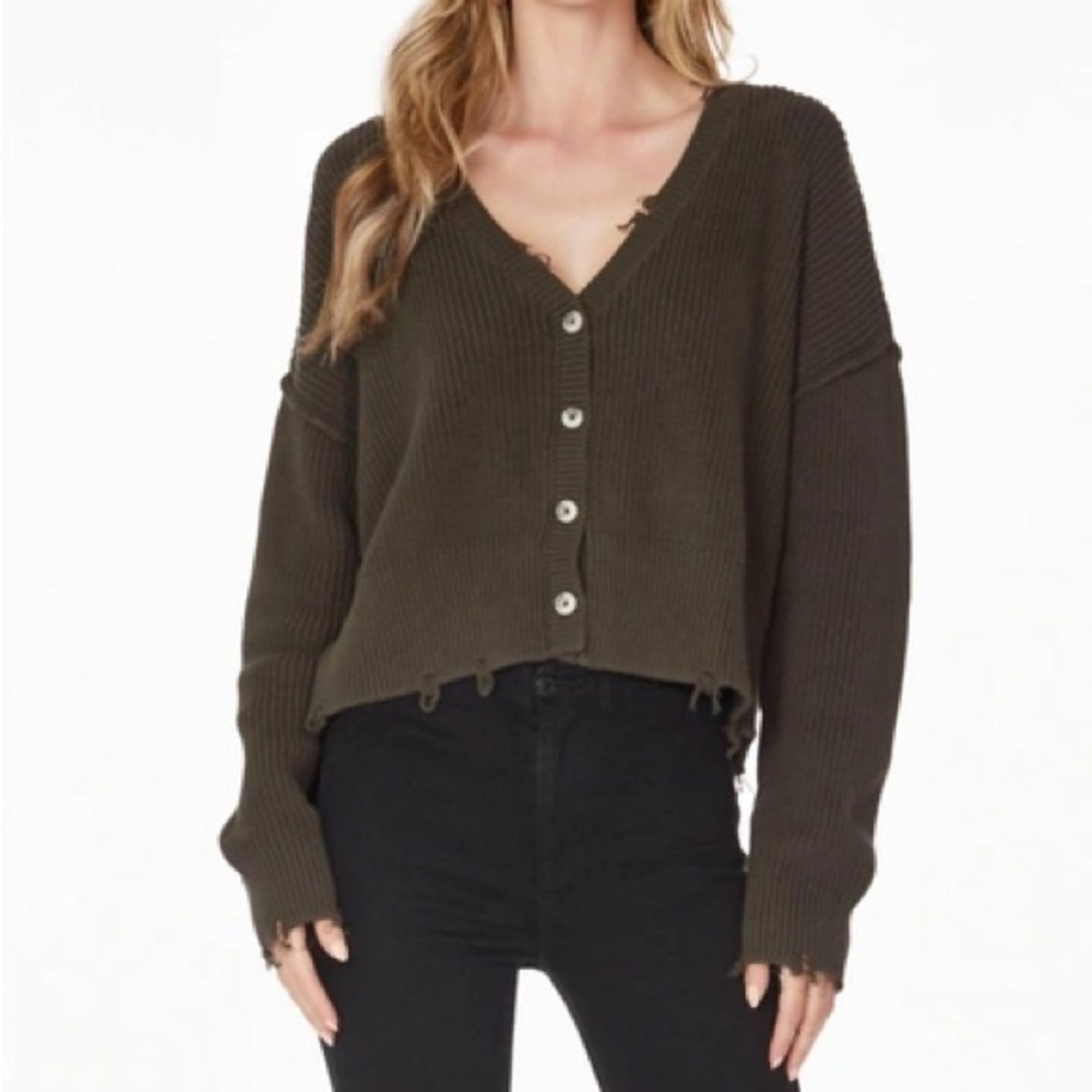 BOBI distressed button front cardigan in army